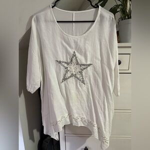 White Sequin Star Linen Top